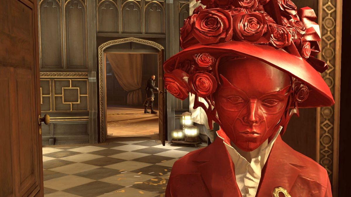 a Red clad Figure with a Large Rose covered Hat Close to the Camera in an Ornate Interior with a Doorway and a Distant Figure in the Background