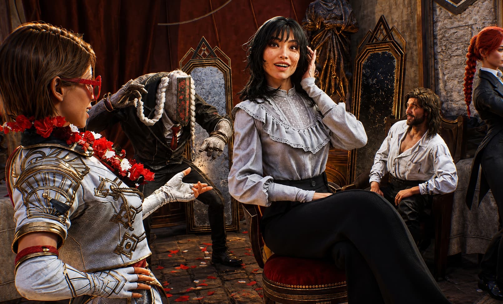 Cosplayers in a Vintage Ornate Room Chat and Pose with One Woman Smiling While Seated and Others in Period Costumes Nearby