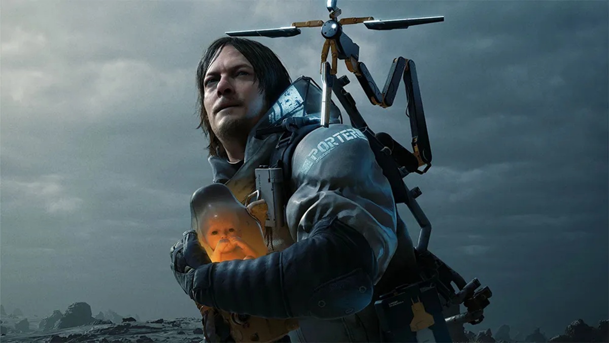 Man in a High tech Suit Carries a Glowing Baby in a Pod Strapped to His Chest with a Robotic Backpack and a Drone like Device Overhead in a Desolate Landscape