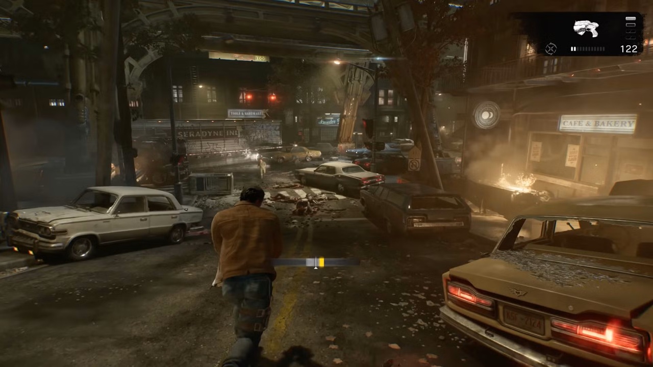 Back View of a Man in a Brown Jacket Running Through a Chaotic Neon lit City Street with Burning Cars and Debris in the Foreground video Game Scene