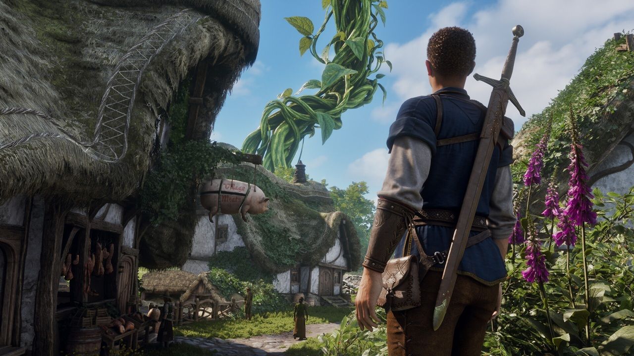 Male Warrior with a Sword on His Back Stands in a Lush Thatched village Scene with Giant Green Vines Overhead