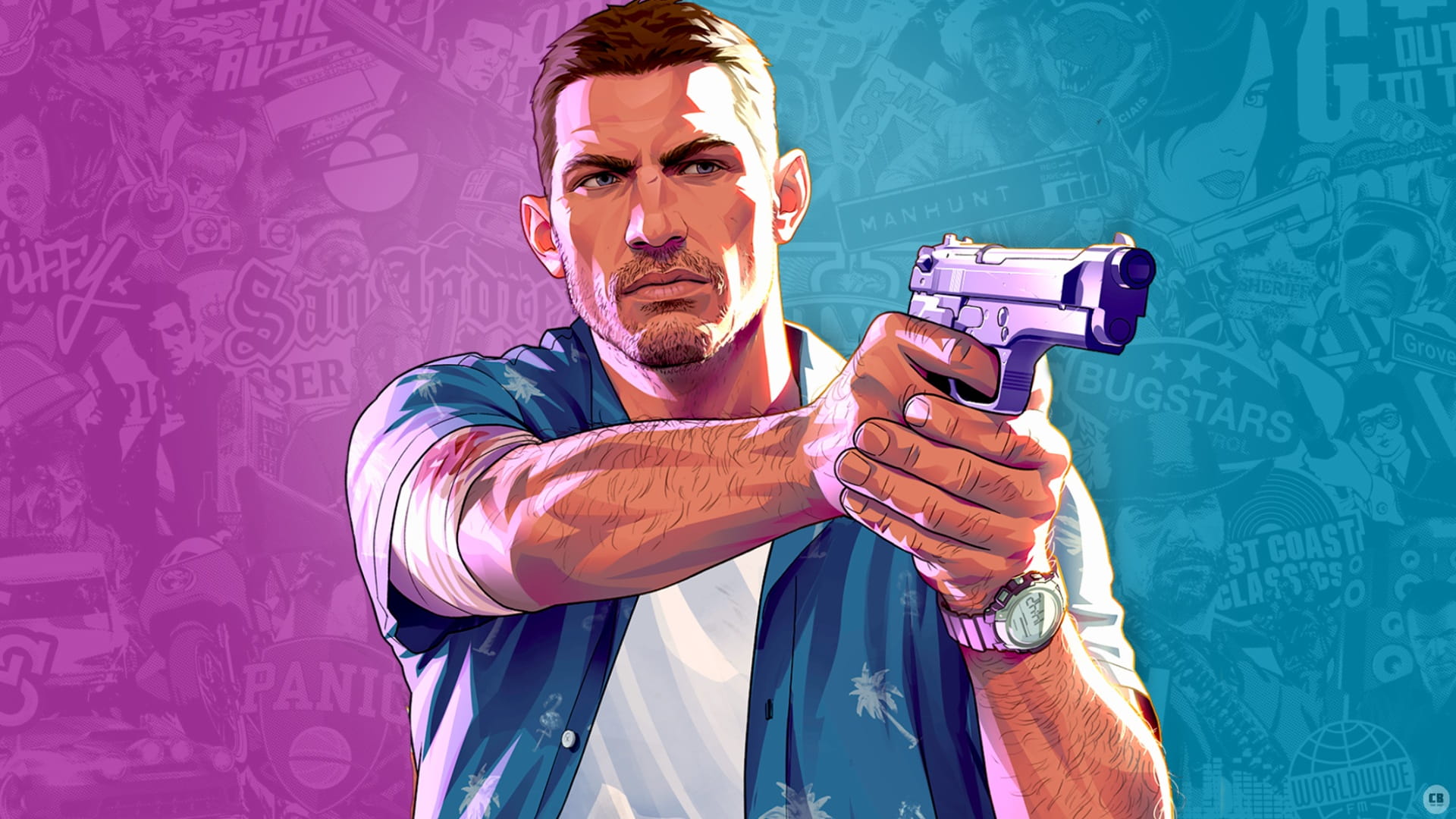 Cartoon style Man in a Blue Shirt Aims a Handgun Toward the Viewer Against a Purple to teal Collage Background