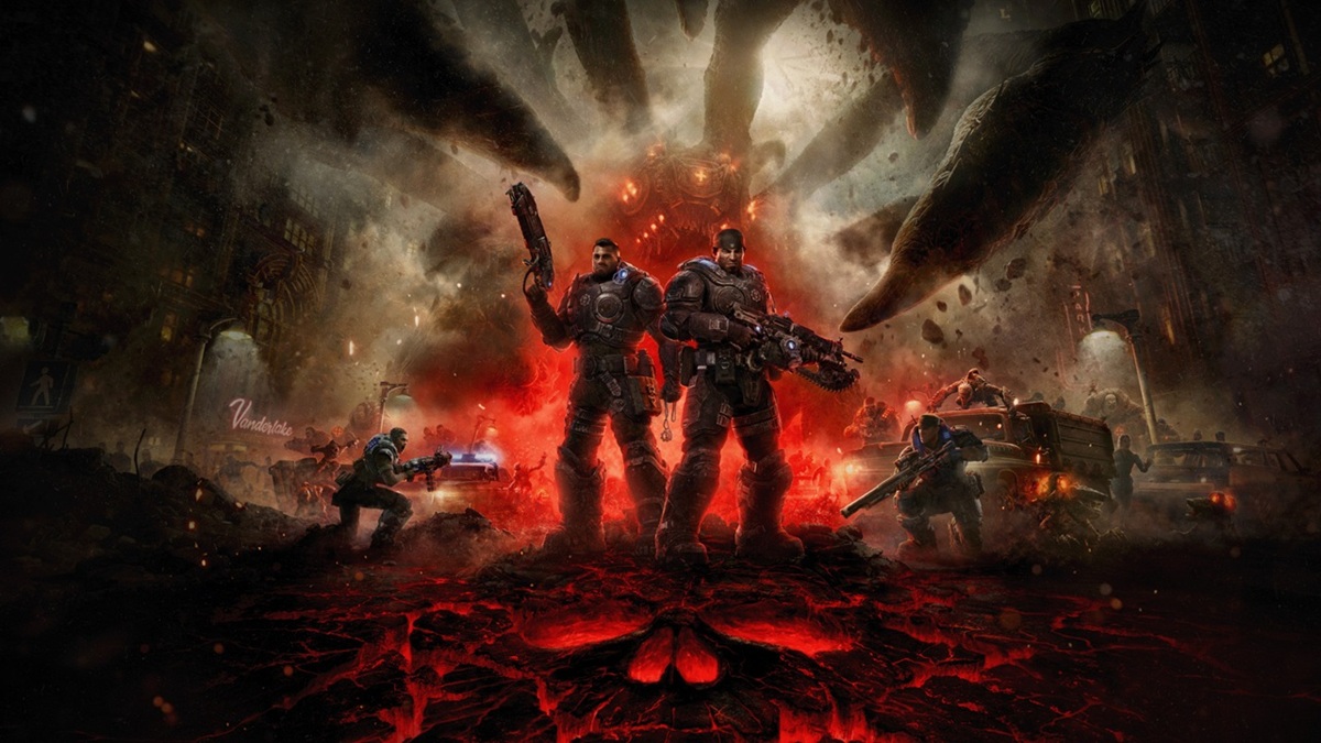 Two Heavily Armored Soldiers with Guns Stand Back to back Amid Fiery Lava Smoke and a Looming Giant Hand over a Ruined Cityscape