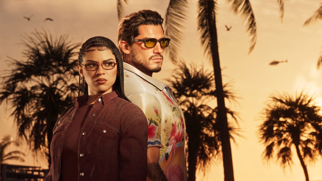Two Stylish Adults Stand Back to back at Sunset with Palm Trees in the Background Wearing Sunglasses and Fashionable Outfits