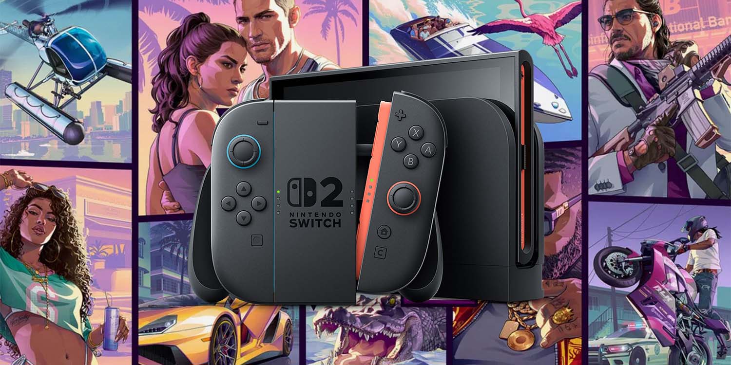 Nintendo Switch with Blue and Red Joycons in the Dock Set Against a Collage of Vibrant Game Art Panels