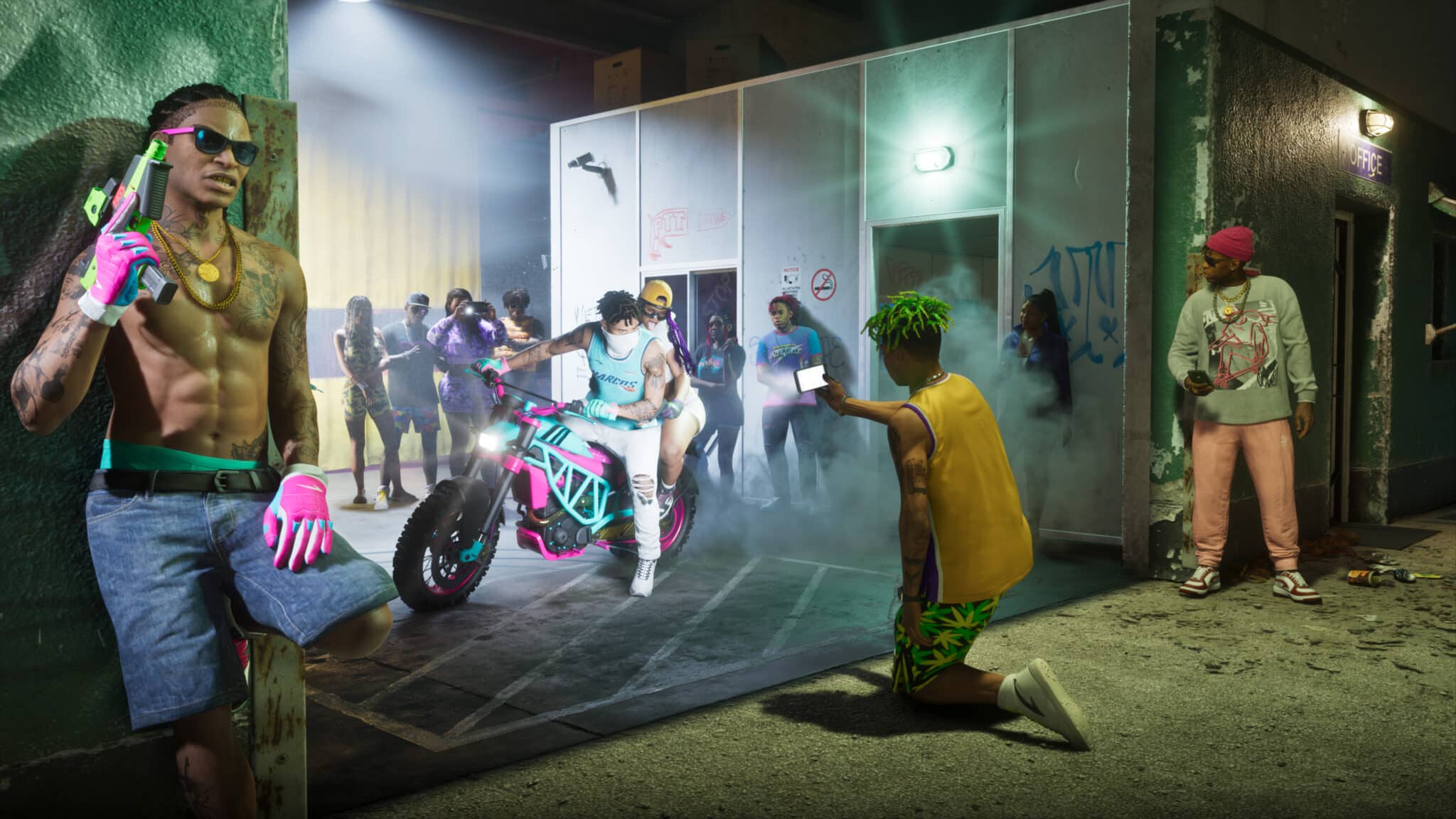 Shirtless Man with Pink Gloves and Sunglasses Leaning Against a Wall Beside a Bright Pink Motorcycle in a Smoky Neon lit Alley with a Group of People in the Background
