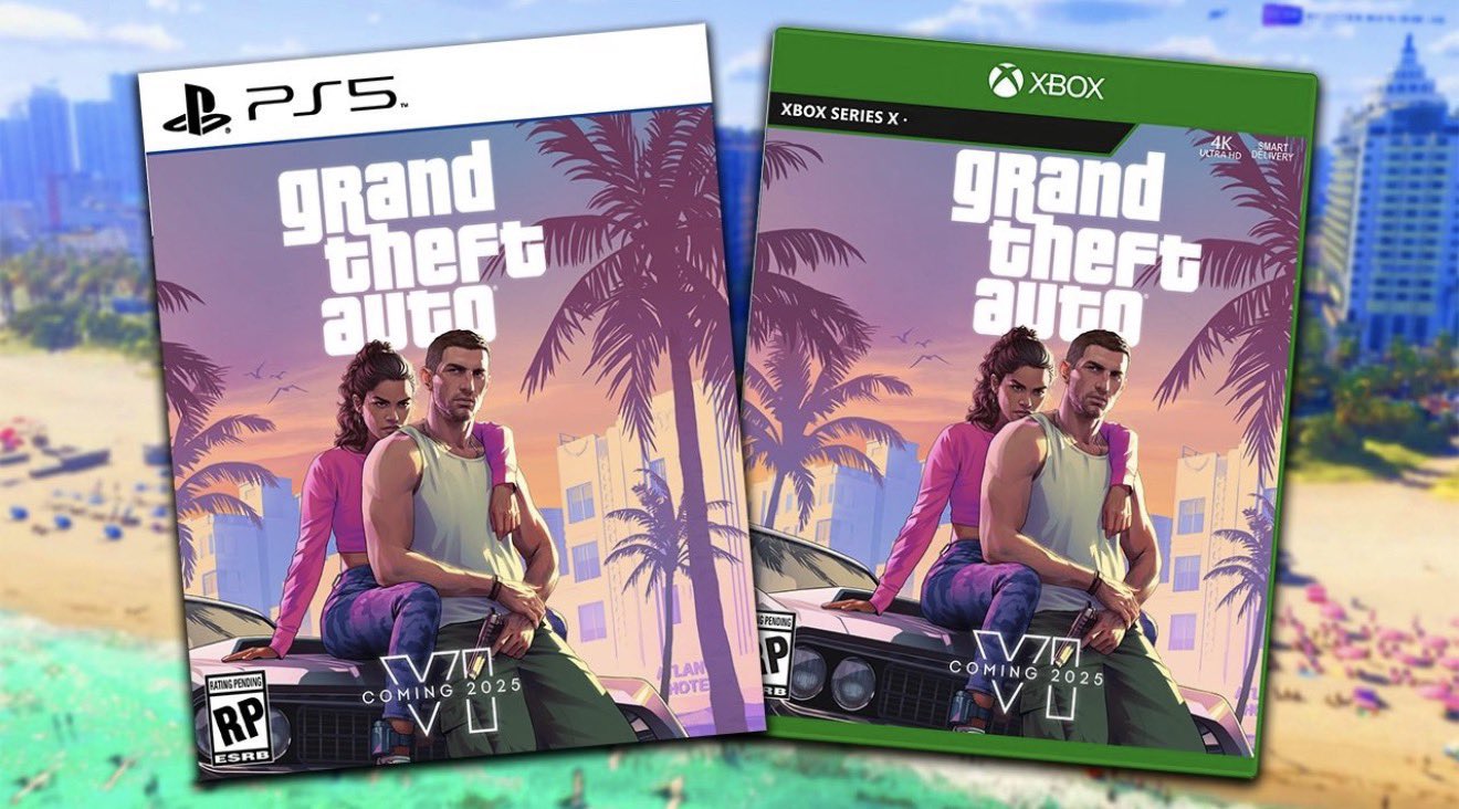 Two Video Game Cases for Grand Theft Auto on Ps5 and Xbox Showing a Couple Leaning on a Car with a Sunset Beach Background and Palm Trees coming 2025