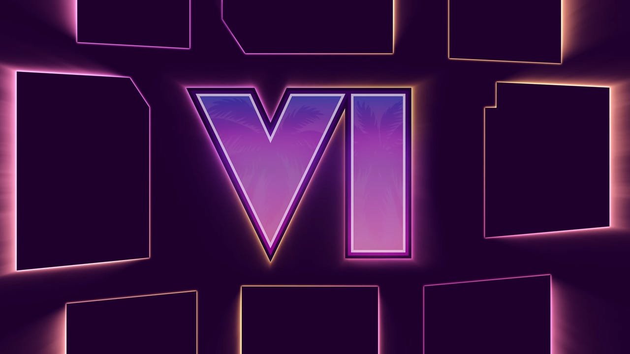Neon Purple Graphic with Large Stylized Letters 'vi' Filled with Palm Leaf Pattern