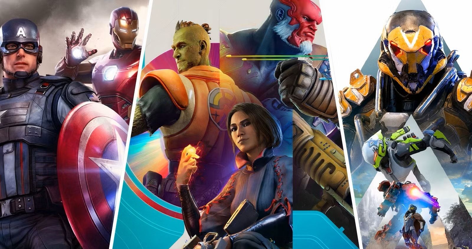 Dynamic Collage of Action Heroes in Colorful Armor with a Shield wielding Character on the Left and Muscular Fighters in Bright Gear Across the Panel