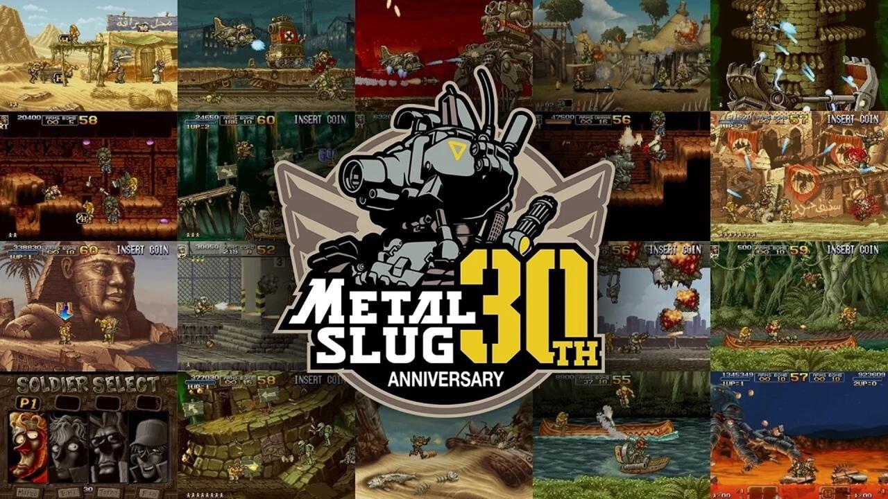 Collage of Metal Slug 30th Anniversary with Game Scenes Surrounding a Central Metal Slug Logo 30th Anniversary Text in Bold Yellow