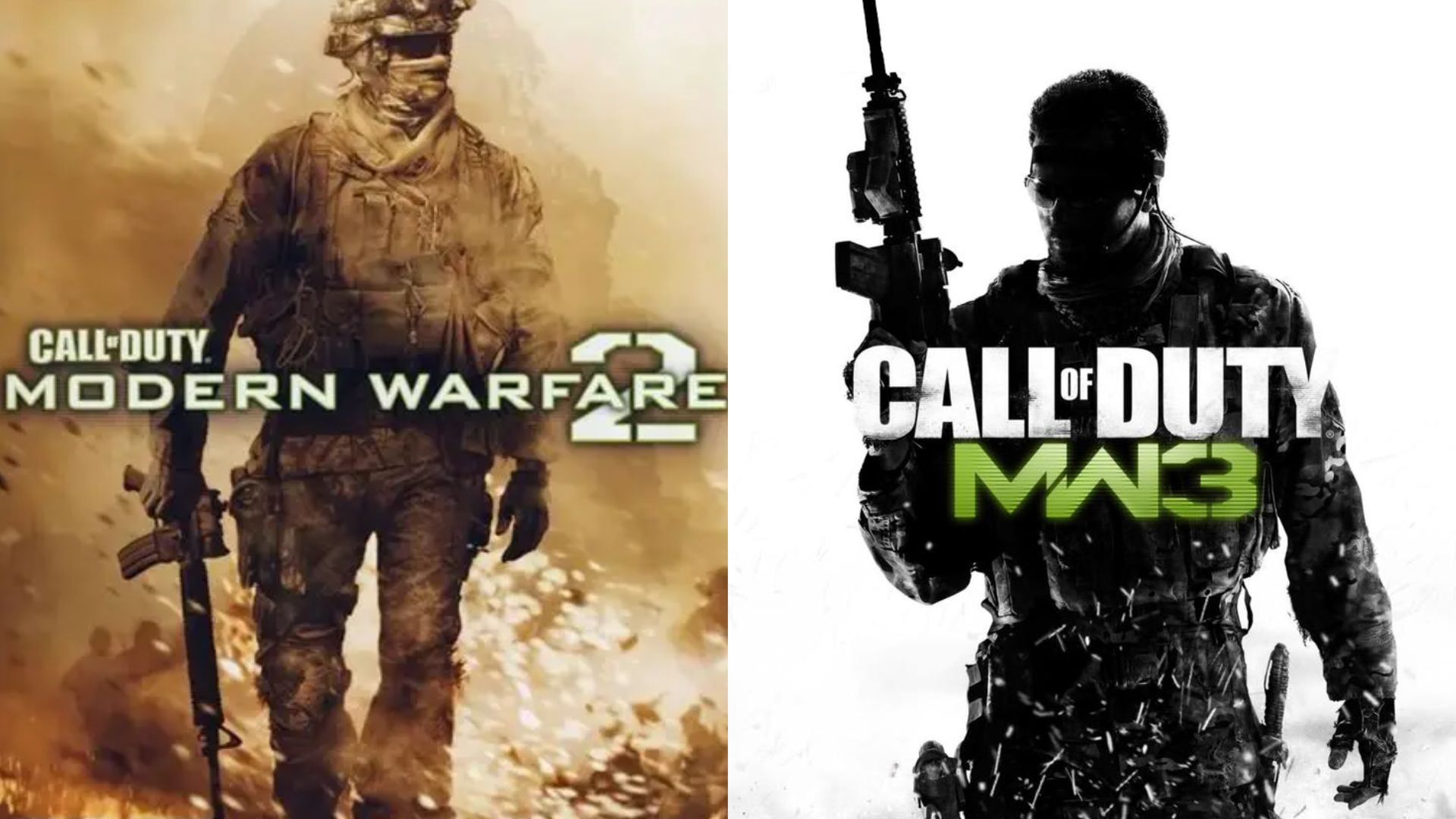 Split Poster Left Shows a Desert camouflage Soldier in a Gold tinted Scene for Call of Duty Modern Warfare 2 Right Shows a Black and white Soldier with a Rifle and Green Mw3 Text for Call of Duty Mw3