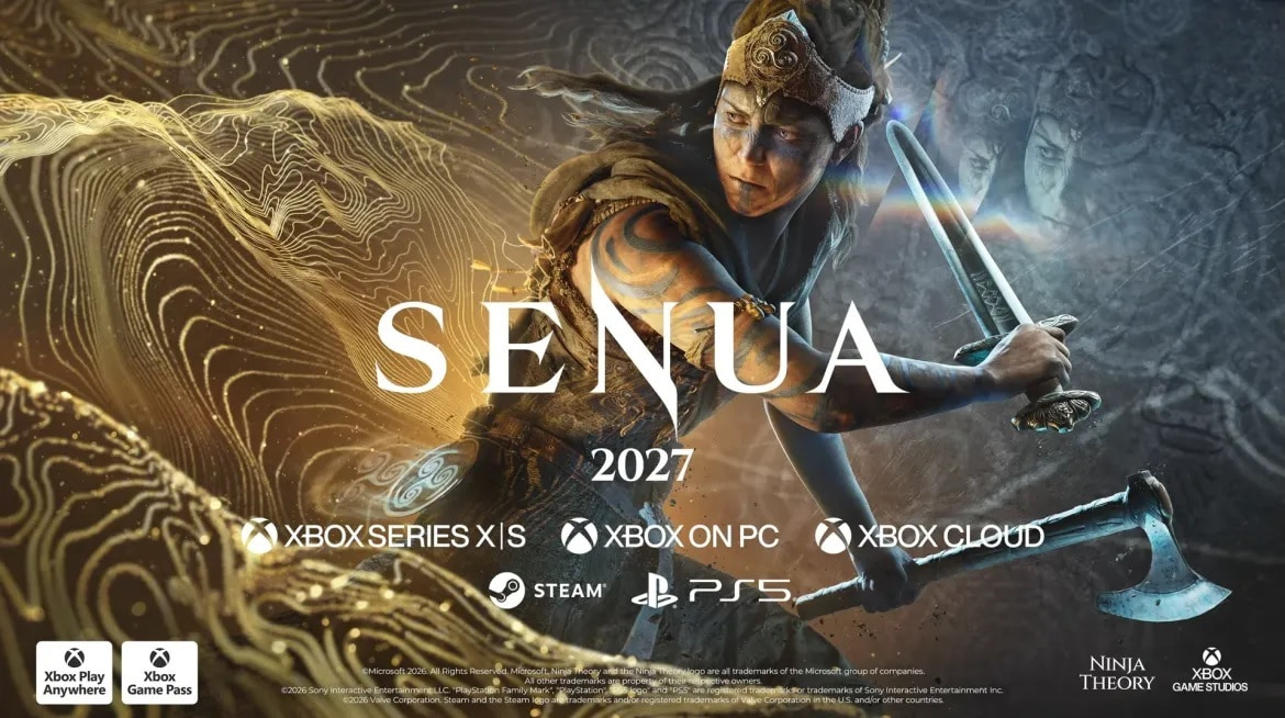 Promo Banner for a Fantasy Game Showing a Battle ready Female Warrior Wielding a Glowing Sword with Gold Swirl Patterns in the Background and 'senua 2027' Text