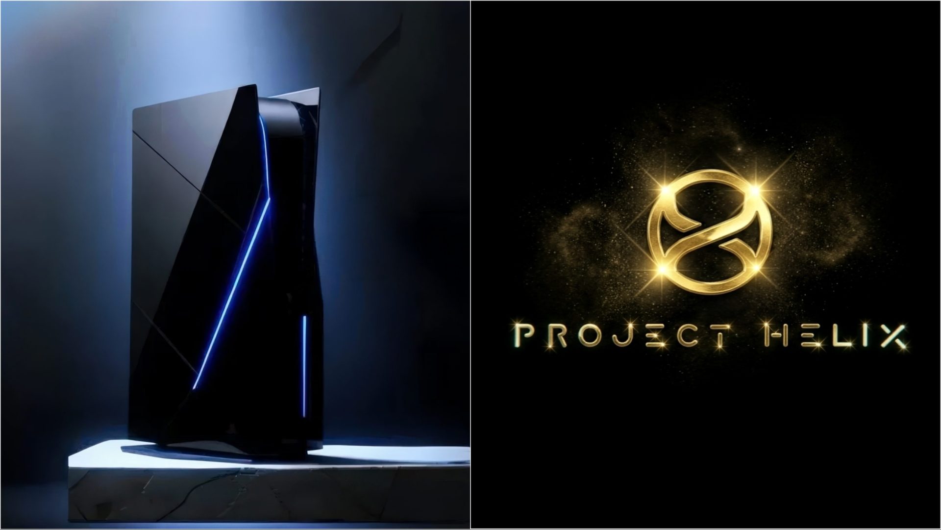Futuristic Black Gaming Console with Blue Neon Accents Angled Against a Dark Blue Backdrop on a White Pedestal left Panel