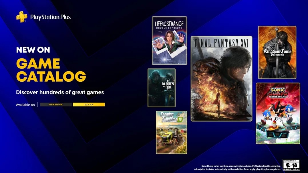 Playstation Plus Banner Announcing 'new on Game Catalog' with Stacked Game Covers final Fantasy Xvi Life is Strange Kingdom Come Deliverance on a Blue Background