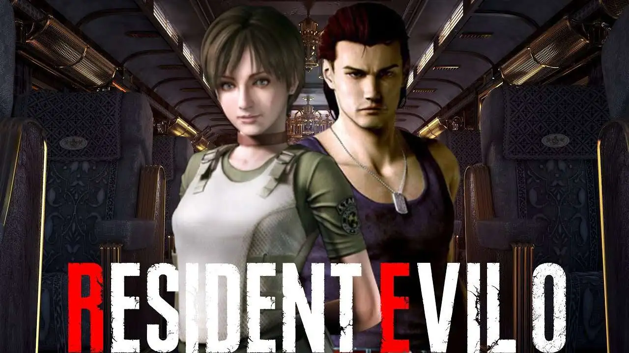 Two Game Characters Stand Back to back in a Dim Train Car with a Bold resident Evil Logo Across the Bottom