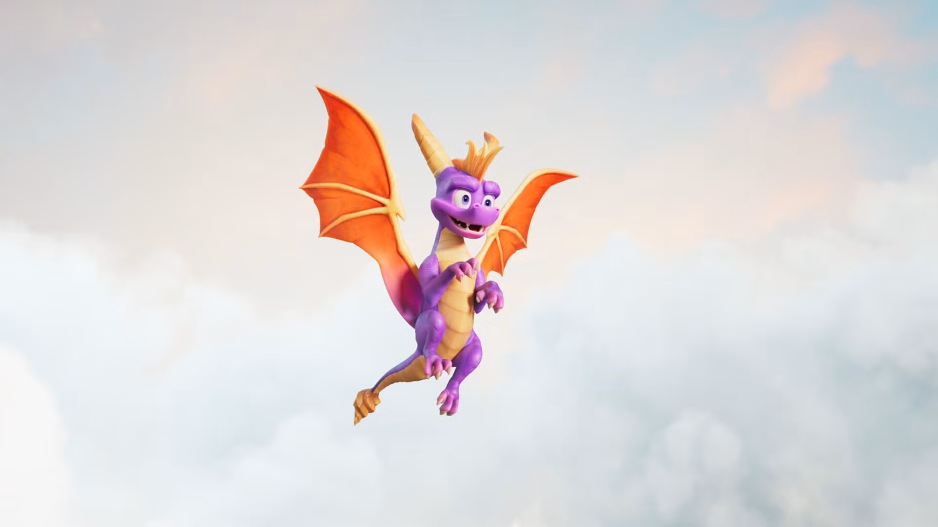 Purple Cartoon Dragon with Orange Wings Soaring Through a Cloudy Blue Sky in a Playful Pose