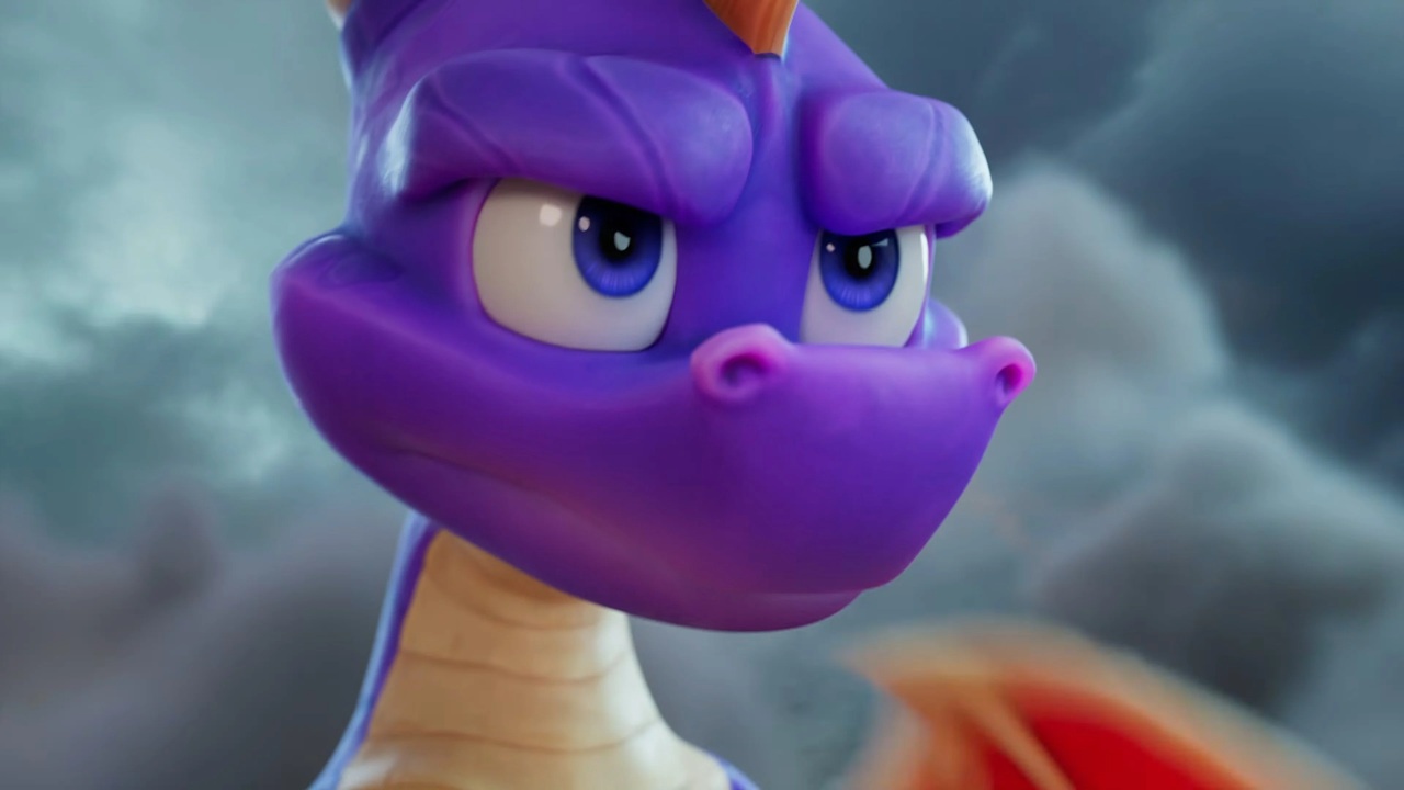 Close up of a Purple Dragon's Face with Blue Eyes Looking Determined Against a Cloudy Sky Background