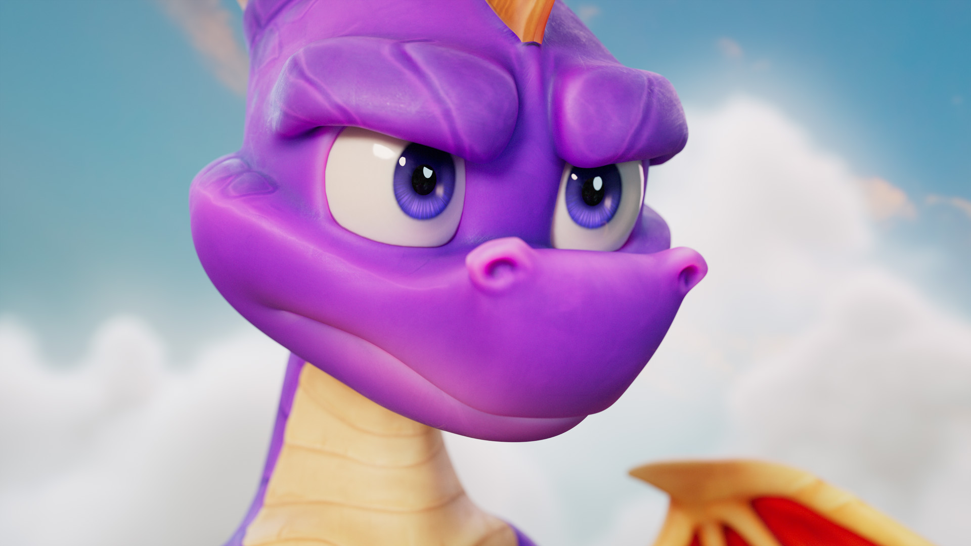 Close up of a Purple Cartoon Dragon's Head with Large Purple Eyes Against a Cloudy Blue Sky