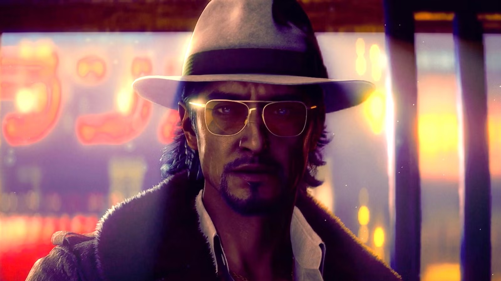 Man Wearing a Beige Fedora and Aviator Sunglasses in a Neon lit Urban Night Scene