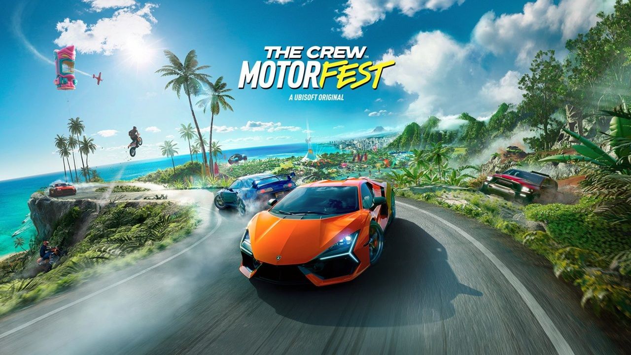 Orange Sports Car Leads a High speed Coastal Race Along a Tropical Island Road with Palm Trees and Blue Ocean in the Background the Crew Motorfest Banner at Top