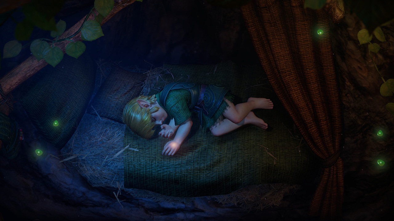 Elf Doll Sleeping on a Green Woven Mat in a Dark Cave with Tiny Glowing Green Orbs Around