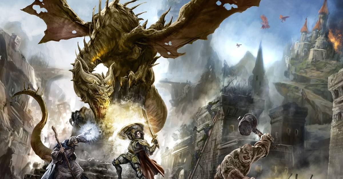Dragon Breathing Fire over a Ruined Medieval City As Knights and Mages Clash Amid Smoke and Debris