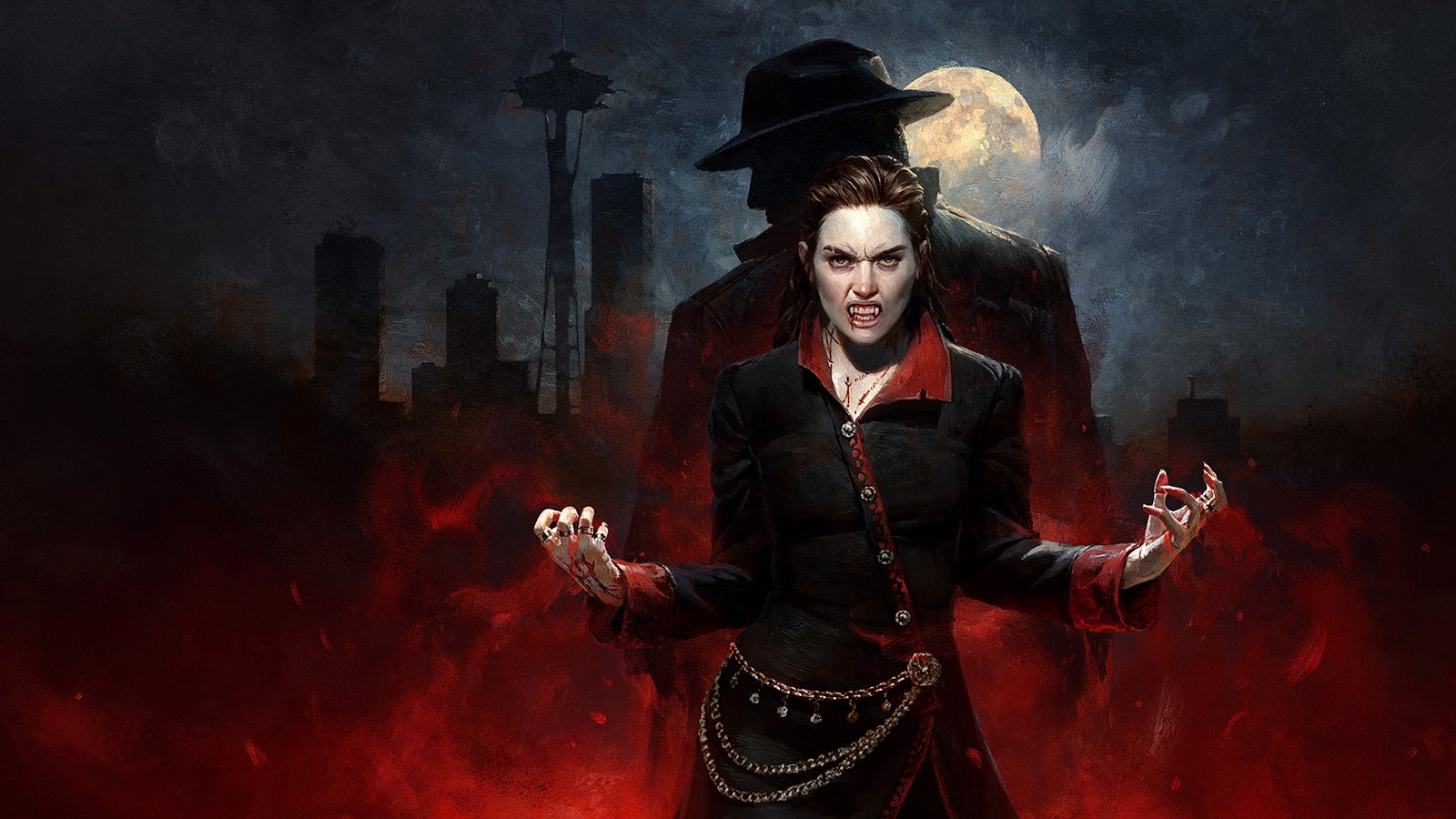 Fierce Female Vampire in a Black Red trimmed Outfit Stands in a Smoky Red Night Cityscape with a Full Moon Behind Her Hands Raised in Menace