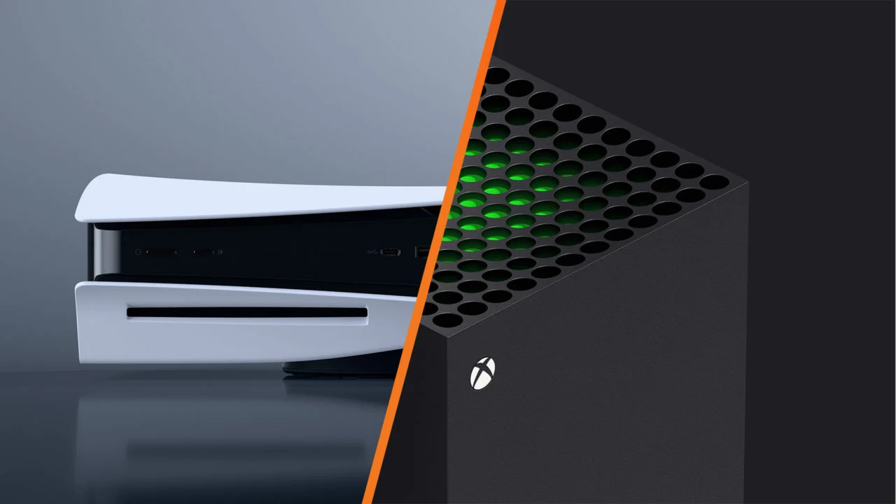 Split View Comparing a White Playstation 5 on the Left with a Black Xbox Series X on the Right Separated by an Orange Divider into Two Halves