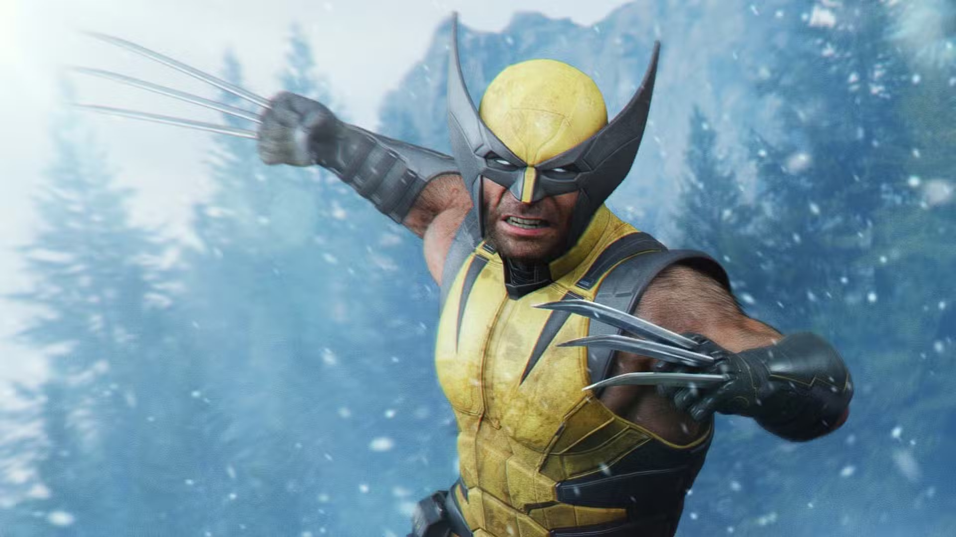 Superhero in Yellow and Black Armor Lunging Forward with Clawed Hands in a Snowy Forest Setting Starting an Attack