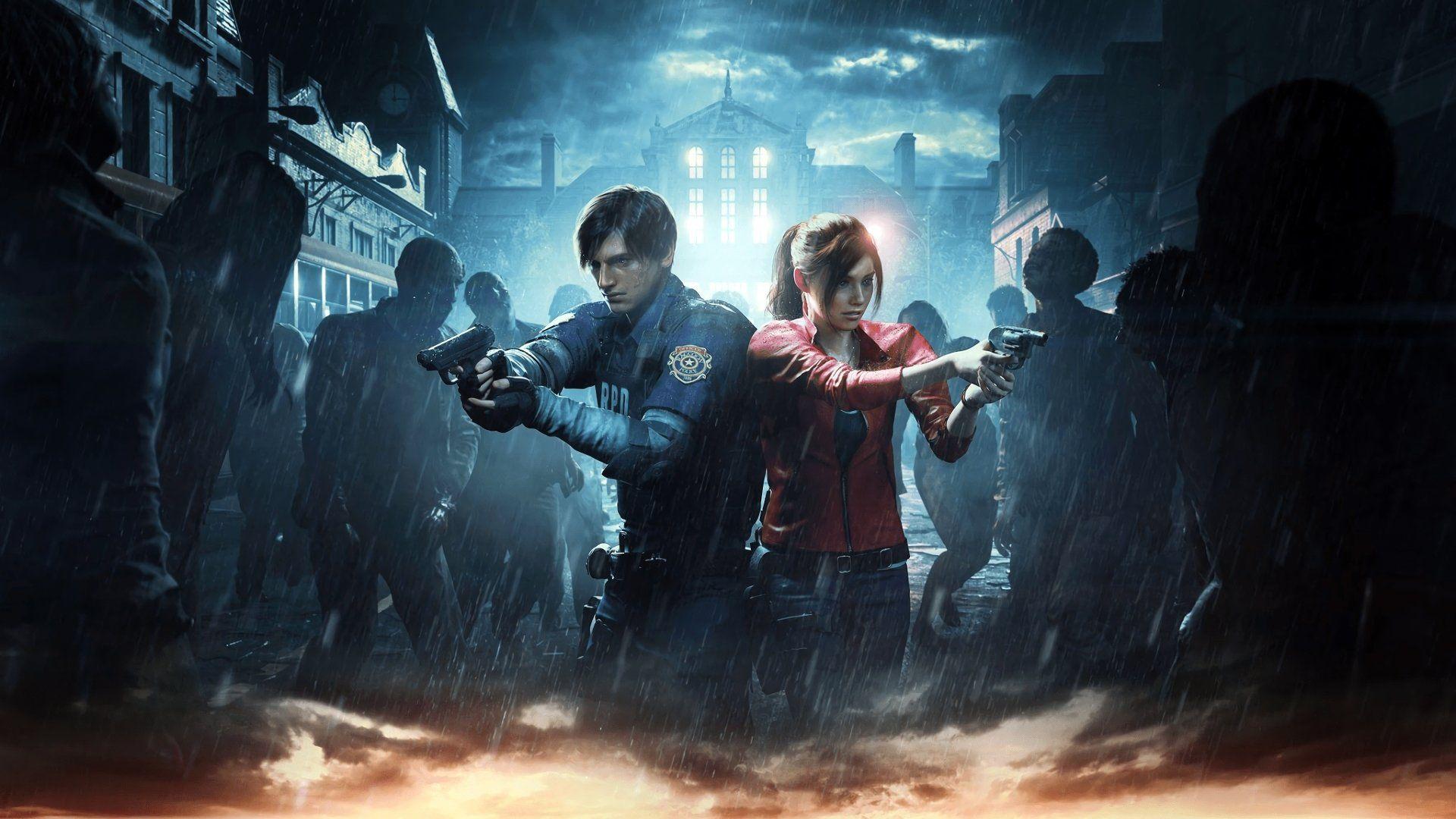 Two Armed Survivors Back to back in a Rain soaked City Street Facing a Crowd of Zombies at Night