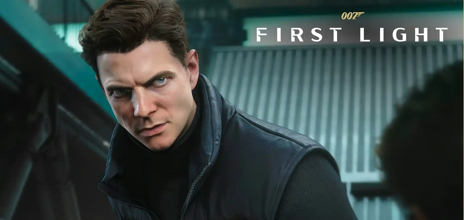 Intense Close up of a Man in a Black Jacket in an Urban Setting with the Text 'first Light' and a Small 007 Logo Above