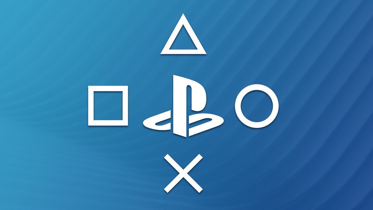 Blue Gradient Background with White Playstation Controller Symbols Triangle at Top Square Left Circle Right and X at Bottom with a Stylized Central Logo
