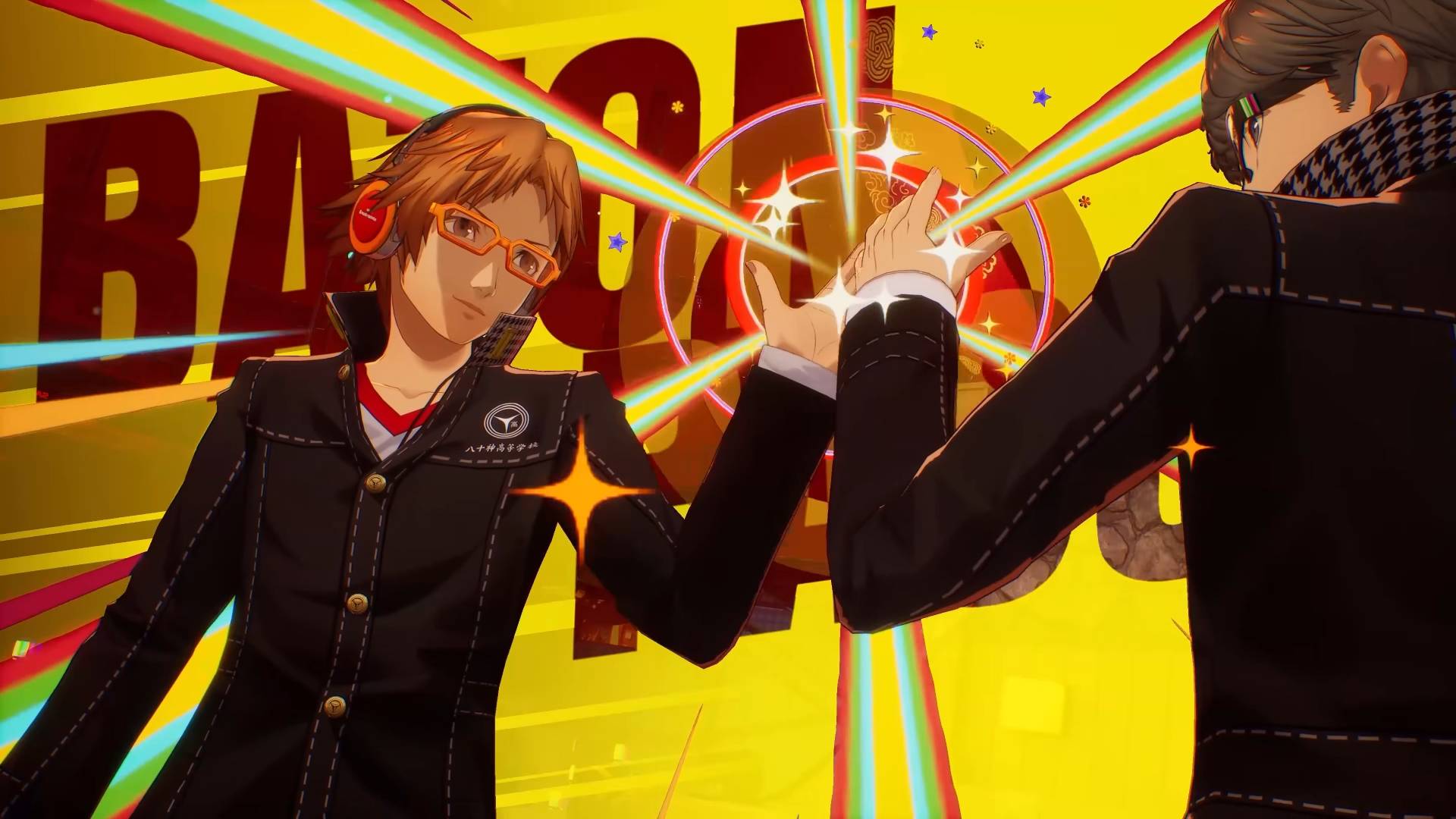 Two Animated Characters in Black Jackets High fiving Amid Colorful Lasers Against a Bright Yellow Background One Wearing Orange Glasses and Headphones