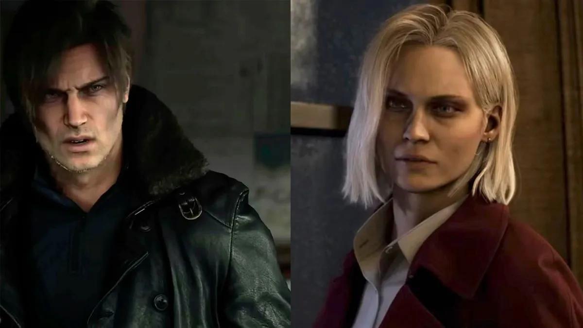 Split screen Scene a Tense Man in a Black Leather Jacket on the Left and a Blonde Woman in a Burgundy Coat on the Right in a Dim Industrial Setting
