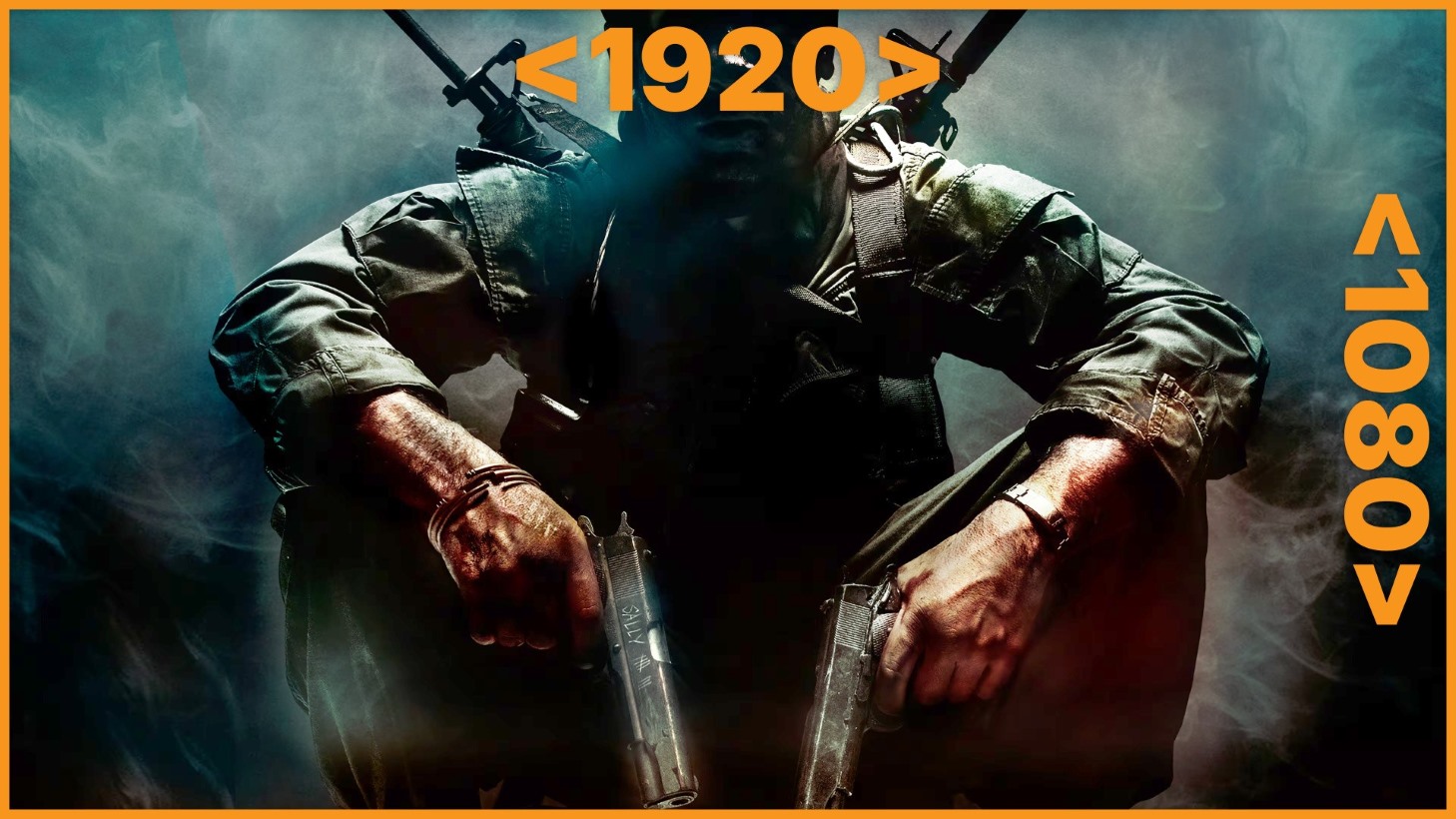 Soldier in Tactical Gear Crouching Gripping Two Pistols with Smoke Around Him Framed by an Orange Border
