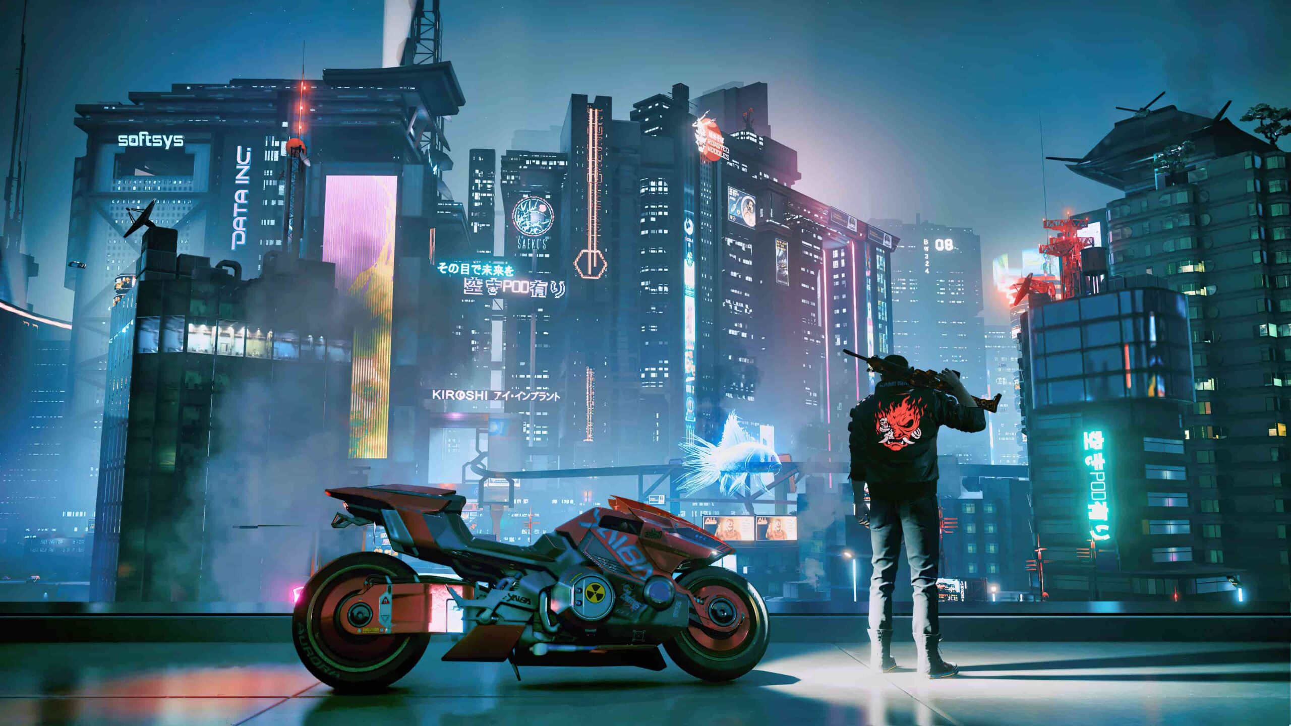 a Neon lit Futuristic Cityscape with a Parked Orange Motorcycle in the Foreground and a Person in a Dark Jacket with a Red Demon Design Facing Away Toward Towering Skyscrapers