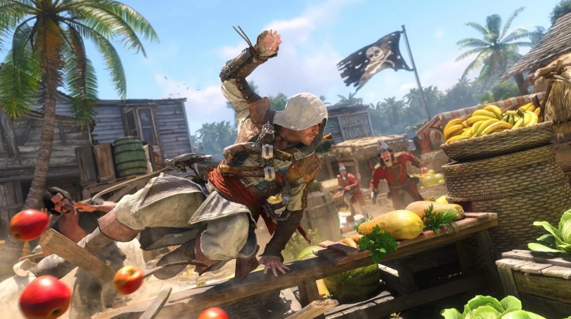 Assassin in a White Hood Leaps over a Fruit Market Stall During a Town Raid Pirate Flag in the Background