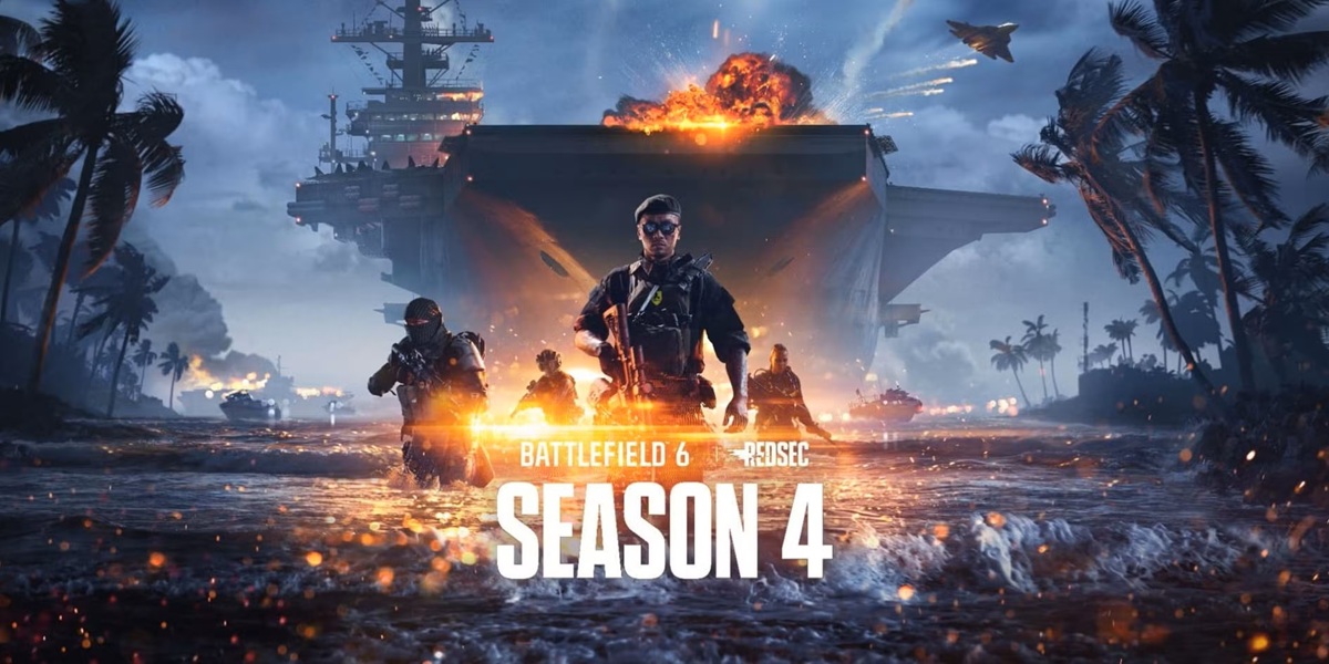Battlefield 6 Season 4 Promo Four Soldiers Wading from Fiery Water with a Carrier Behind Them