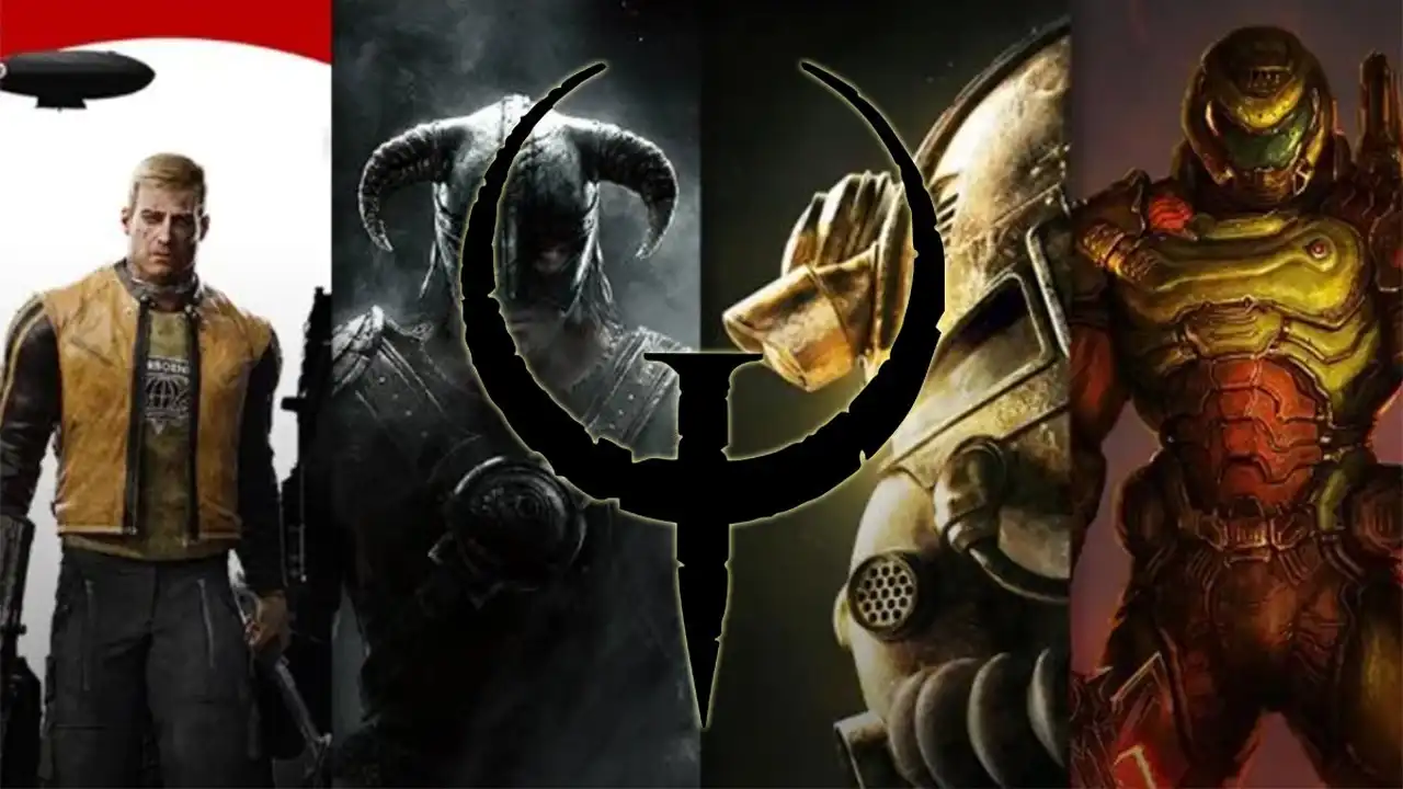 Collage of Four Video Game Characters with a Large Doom Emblem Centered