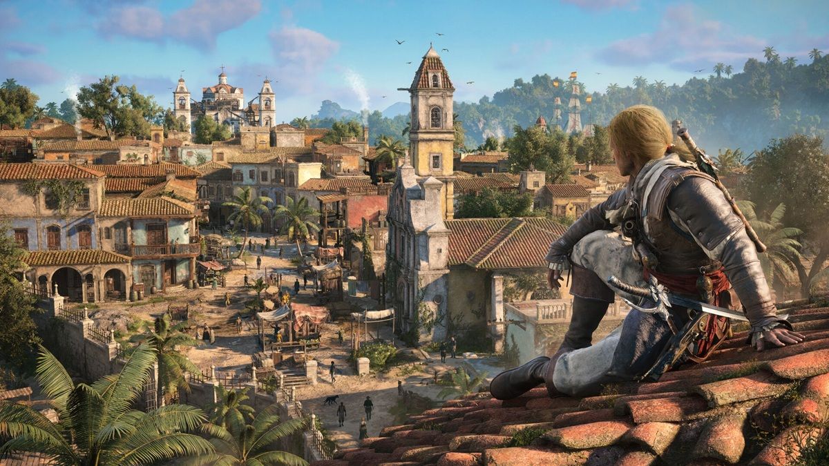 Assassin Perched on a Tiled Roof Overlooking a Bustling Colonial Town with Red Roofs Palm Trees and Church Towers in the Distance