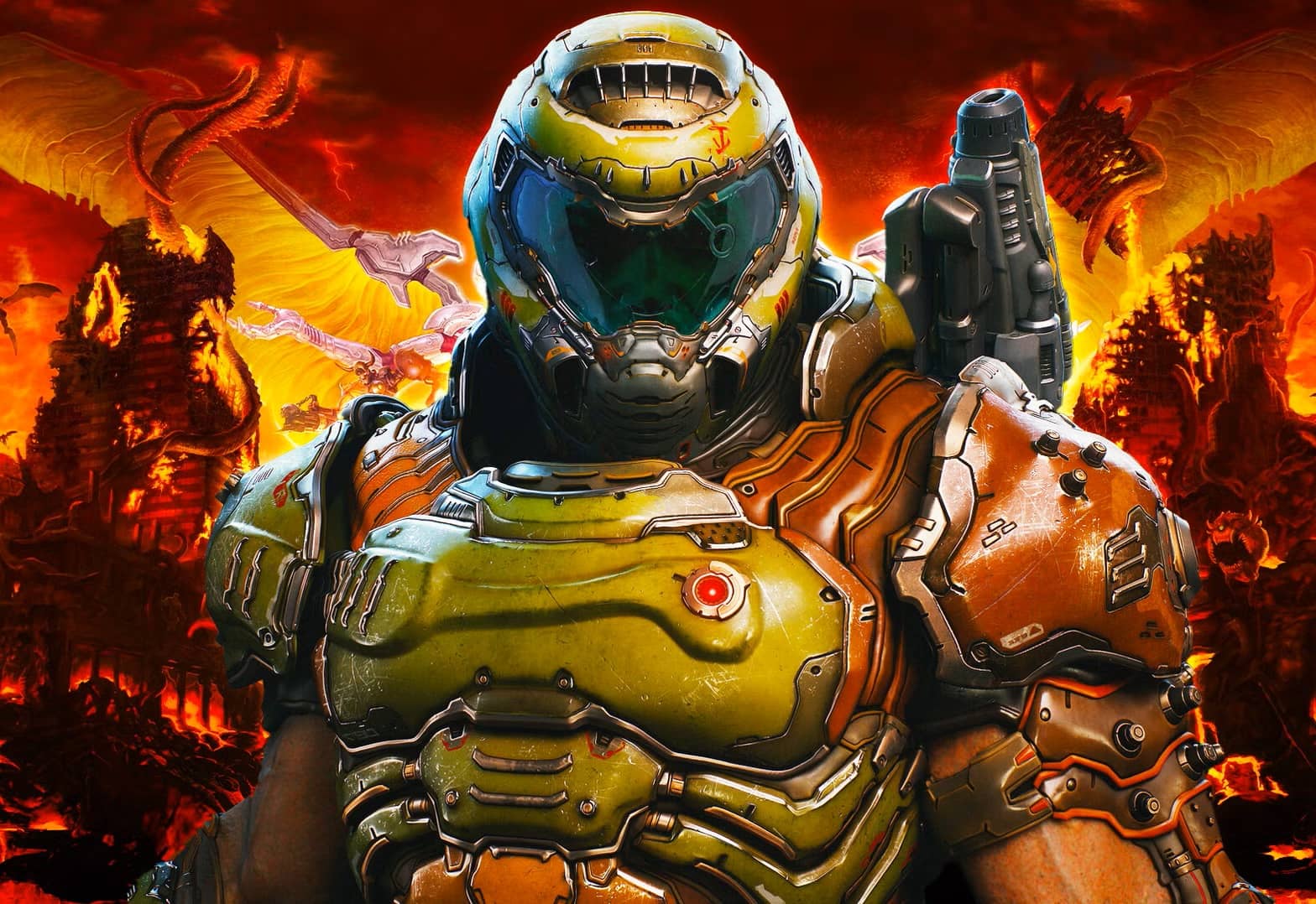 Front facing Armored Soldier in Green and Orange Power Suit with Teal Visor Against a Fiery Lava filled Battlefield