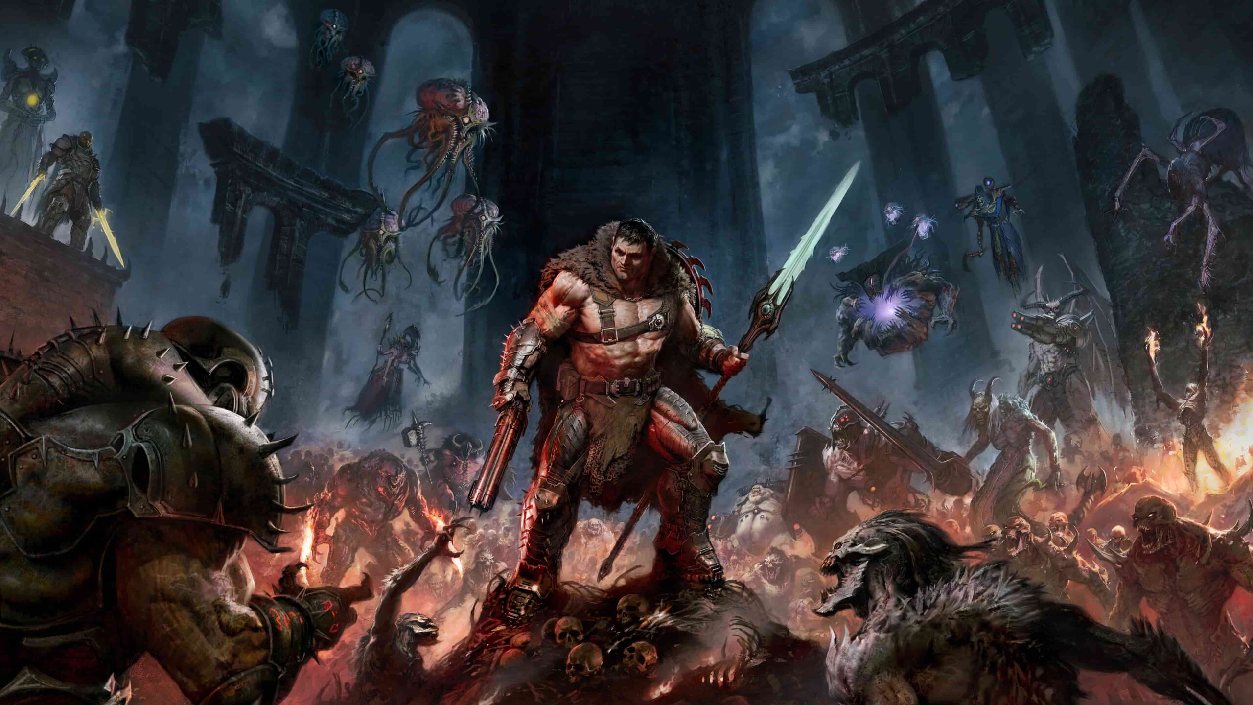 Heroic Warrior in Fur Cloak and Red Armor Wields a Glowing Greensaber like Sword Amid Demons in a Burning Ruined Lair