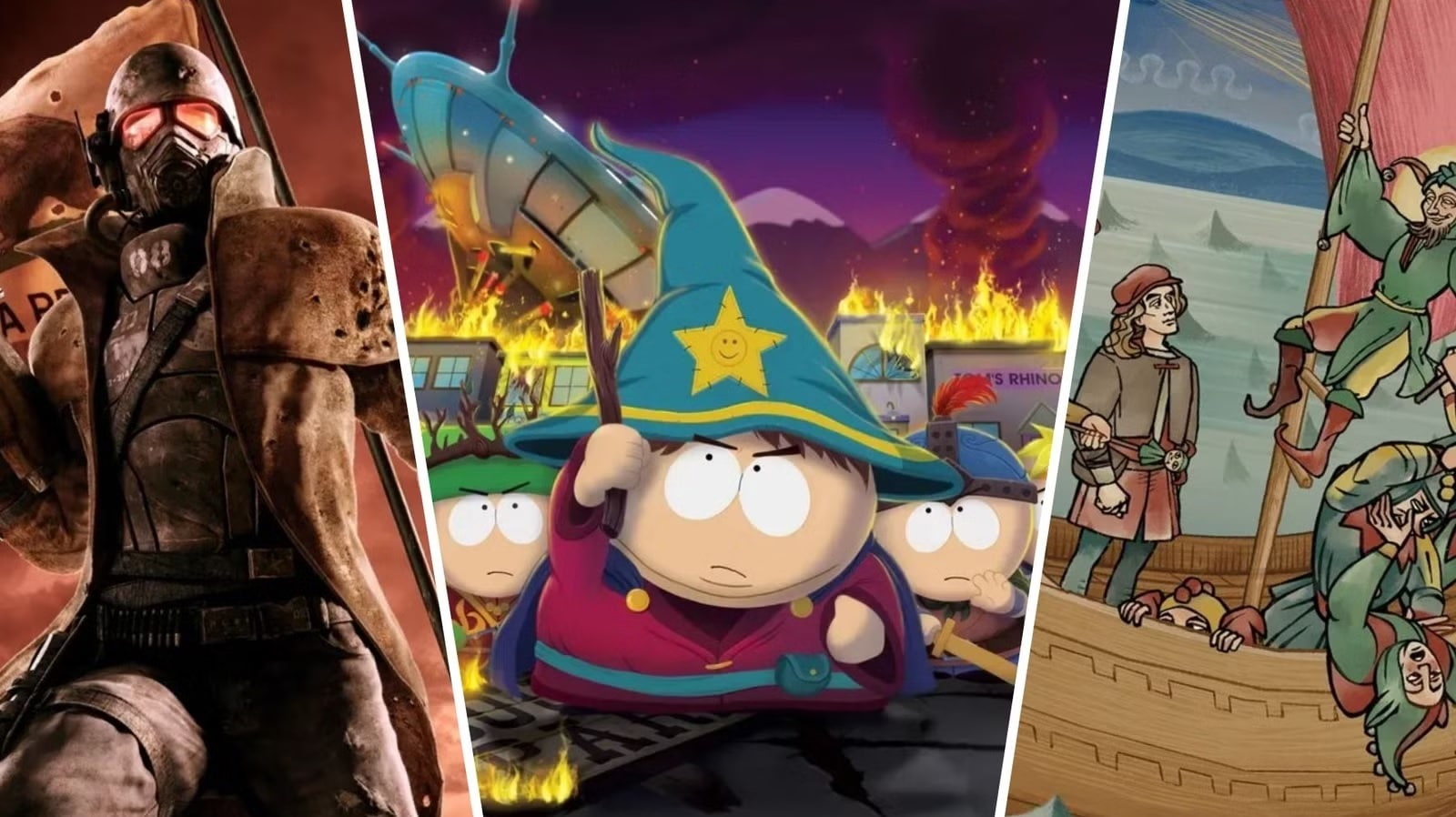 Collage of Three Scenes a Rugged Armored Survivor with a Gas Mask on the Left Cartoon Kids in a Magical Wizard Hat in the Center and Medieval Explorers on a Ship to the Right
