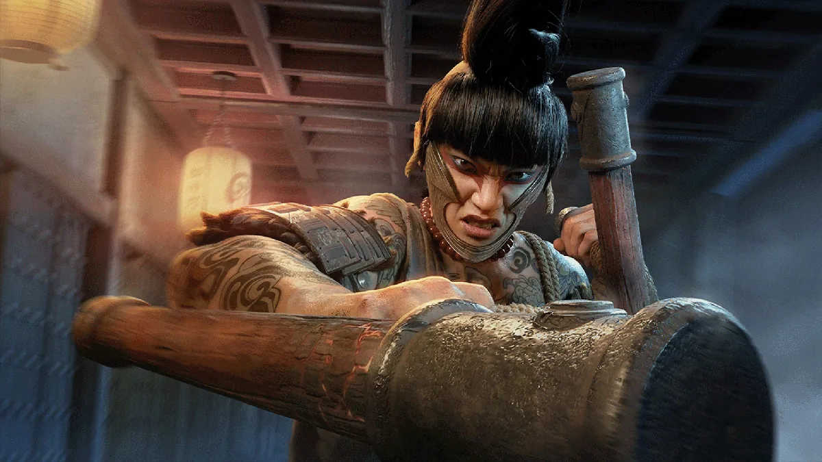 Female Warrior with Tattooed Arms Swinging a Massive Wooden Hammer in a Dim Industrial Setting Ready to Strike
