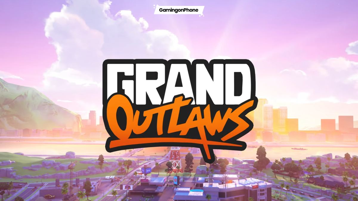 Promotional Banner for a Game Titled 'grand Outlaws' with a Bold White and black Logo over a Pastel Sunset Cityscape Background