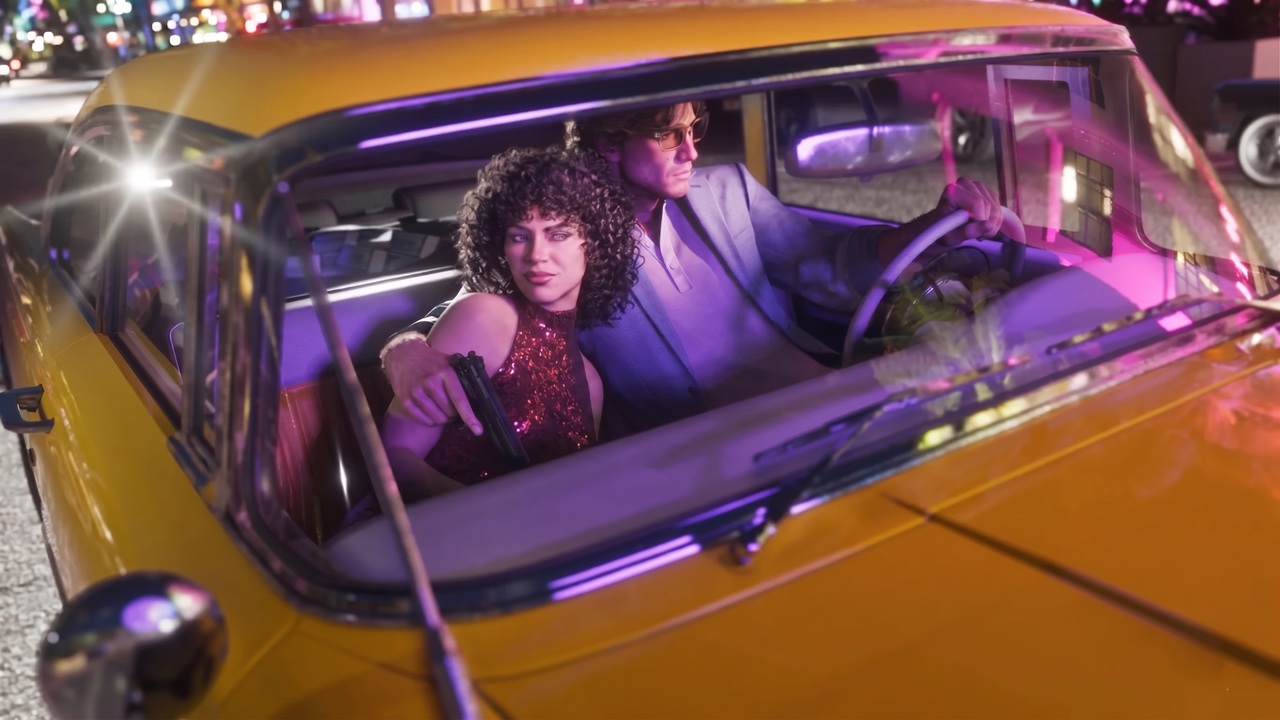 Yellow Taxi at Night with a Man Driving and a Woman in the Passenger Seat Holding a Handgun Neon City Lights Reflected Inside the Car