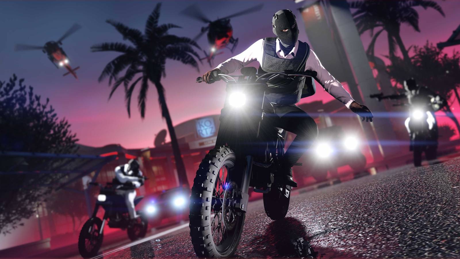 Masked Rider on a Dirt Bike Leads a Group Through a Neon lit City at Dusk Helicopters Hovering in the Background