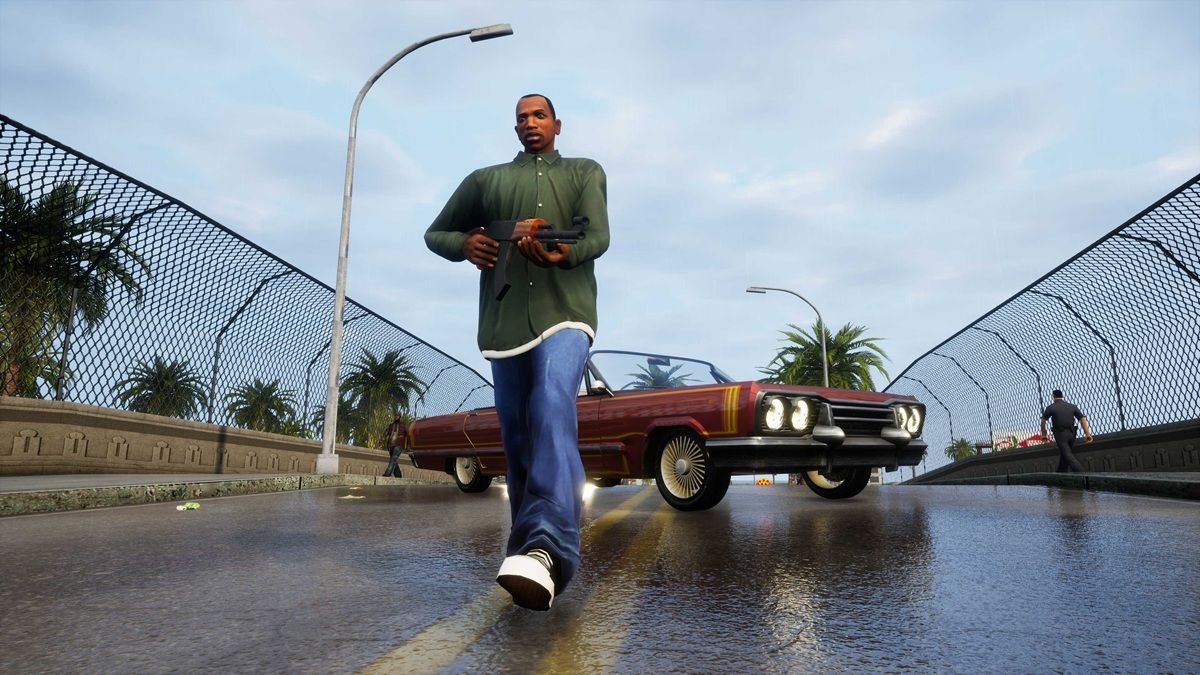 in a Video Game Scene a Man in a Green Shirt Walks Toward the Camera Holding a Rifle on a Rainy Street with a Red Convertible in the Background