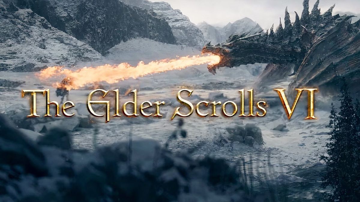 Snowy Mountain Landscape with a Dragon Breathing Fire and the Gold Title 'the Elder Scrolls Vi' Across It