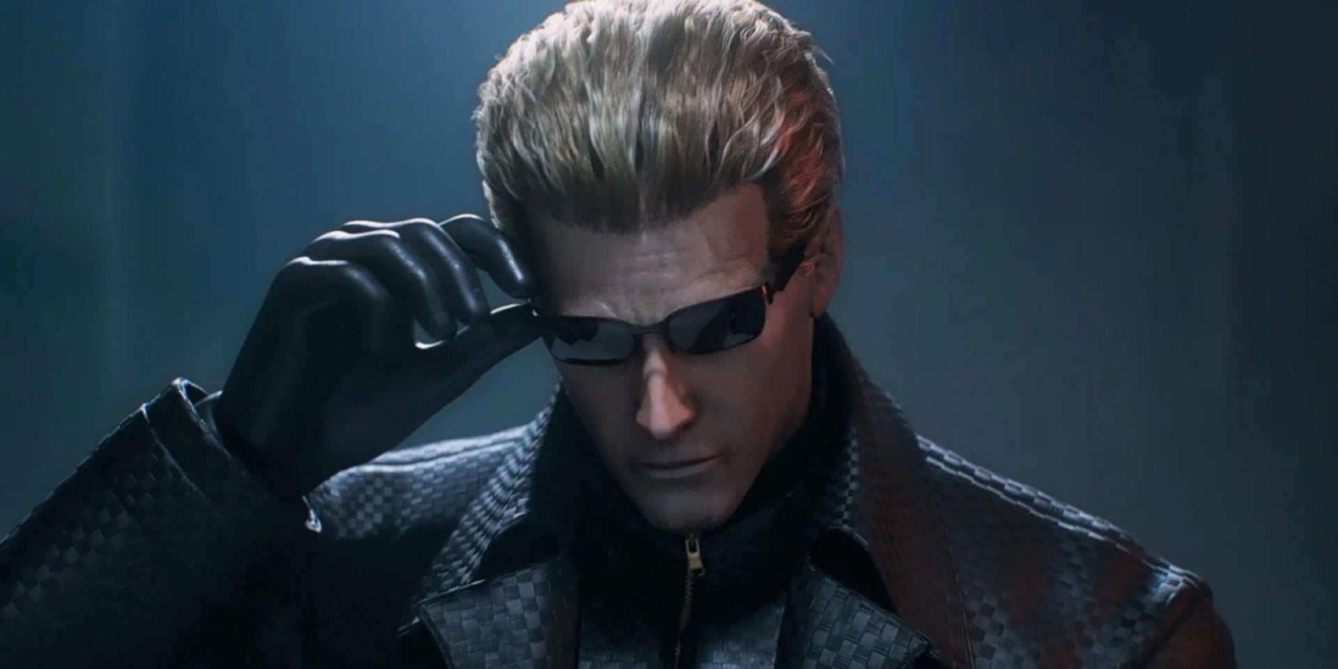 Man with Blonde Hair in Dark Sunglasses Adjusting His Glasses with a Gloved Hand Wearing a Checkered Leather Jacket